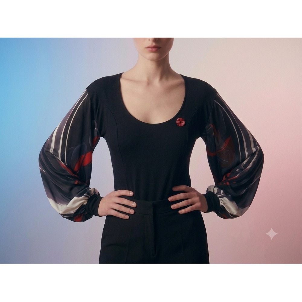 Legatte Vintage Black Abstract Print Balloon Sleeve Cutout Back Top Blouse 42 6